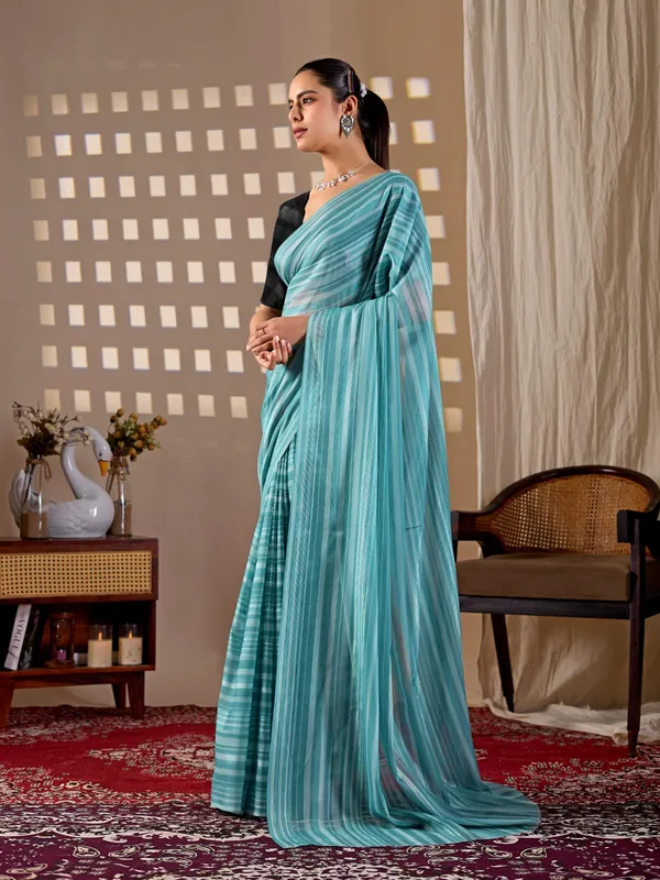 Blue_Premium_Monsoon_Saree_with_Elegant_Fine_Stripes_&_Matching_Blouse_Piece