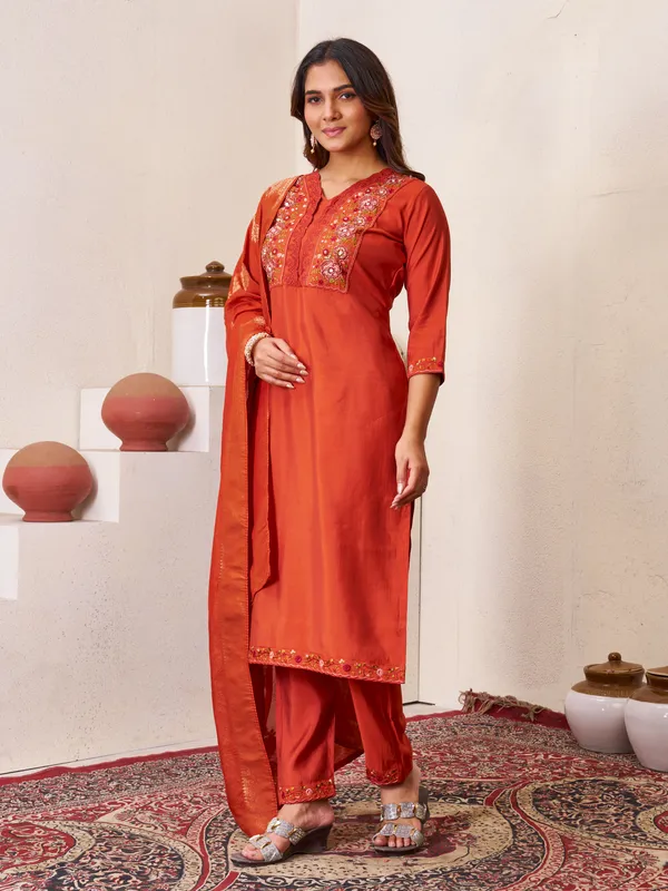 Rust__Orange_Romal_Silk_Sequins_Embroidered_Kurta_Pant_Set_For_Women