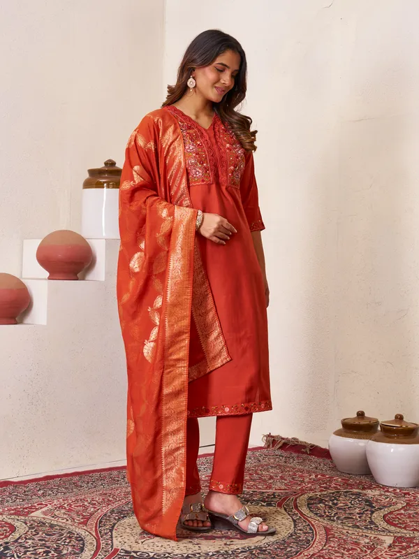 Rust__Orange_Romal_Silk_Sequins_Embroidered_Kurta_Pant_Set_For_Women