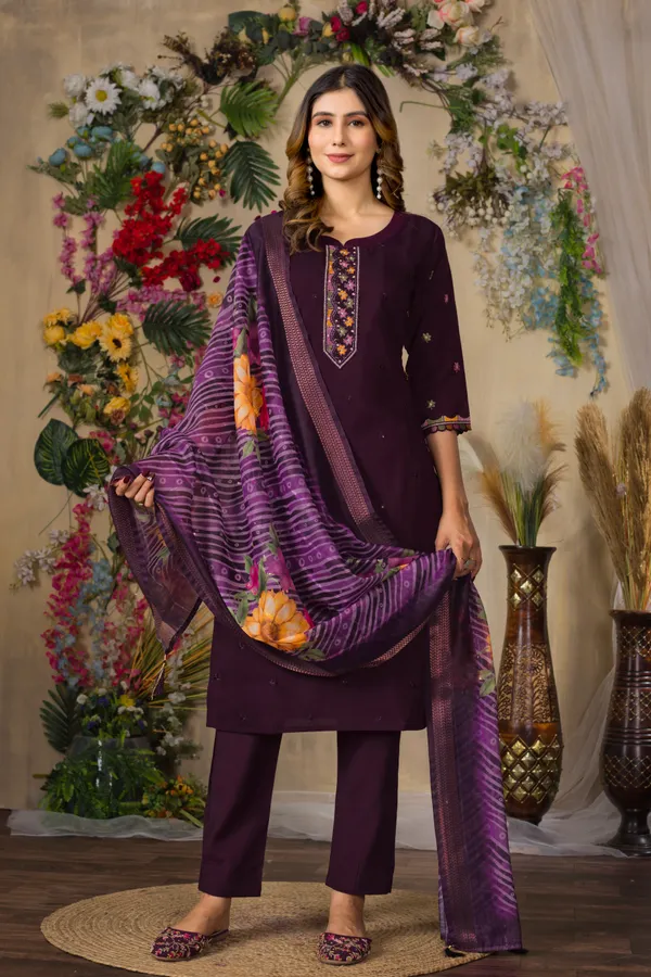 Wine_Roman_Silk_Embroidered_Kurta_Pant_Set_For_Women