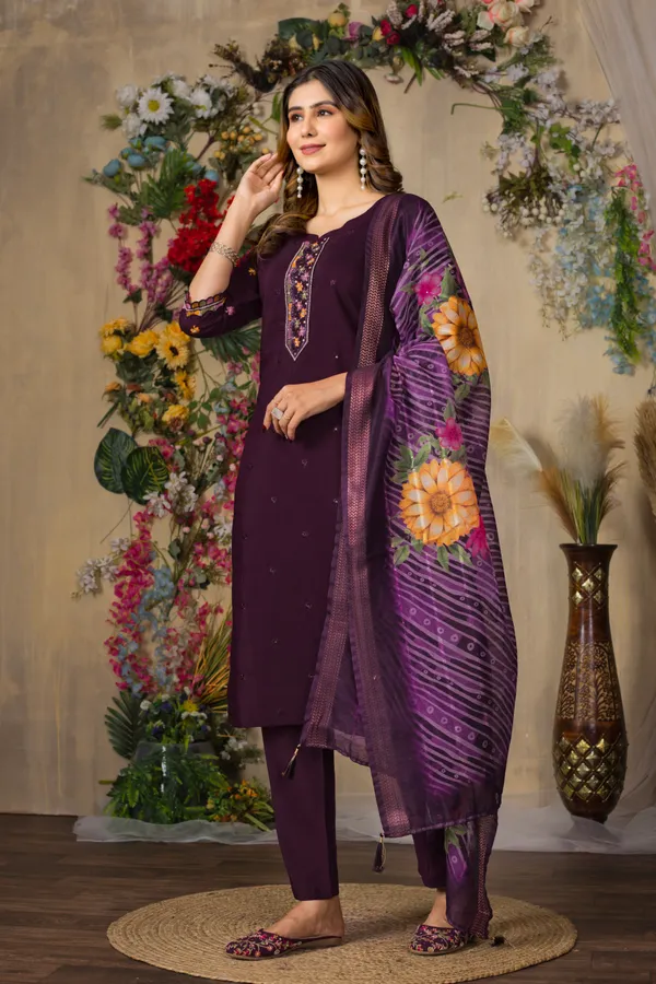 Wine_Roman_Silk_Embroidered_Kurta_Pant_Set_For_Women