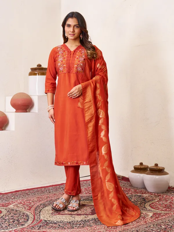 Rust__Orange_Romal_Silk_Sequins_Embroidered_Kurta_Pant_Set_For_Women