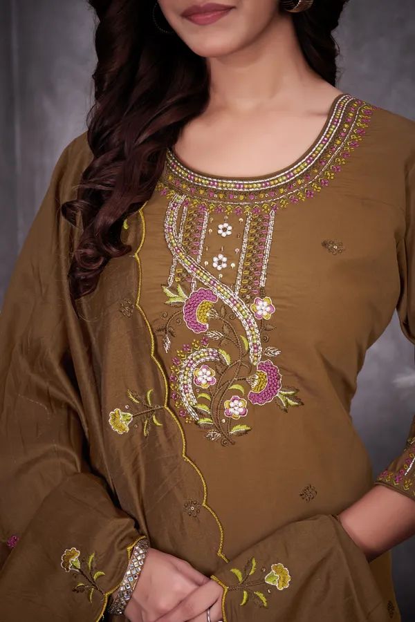 Dark_Brown_Romal_Silk_Embroidered_Kurta_Pant_Set_For_Women
