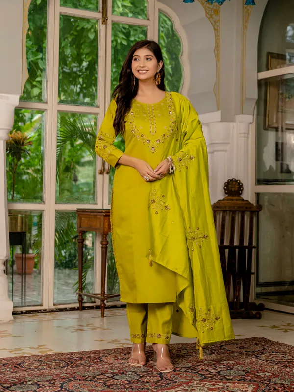 Parrot_Green_Marina_Silk_Embroidered_Kurta_Pant_Set_For_Women