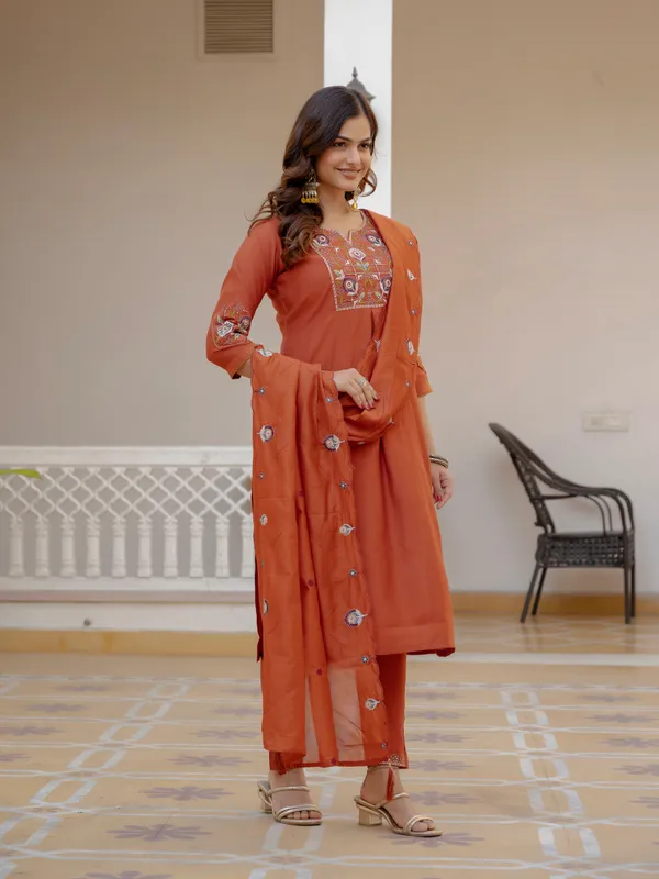 Rust_Orange_Viscose_Embroidered_Kurta_Pant_Set_For_Women