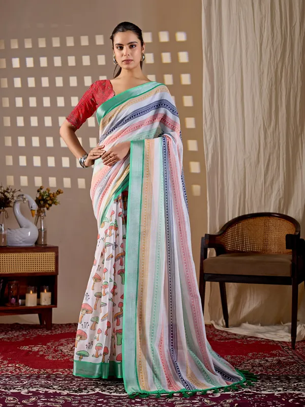 Elegant_Soft_Linen_Cotton_Saree_with_Multicolor_Stripes_&_Printed_Pallu