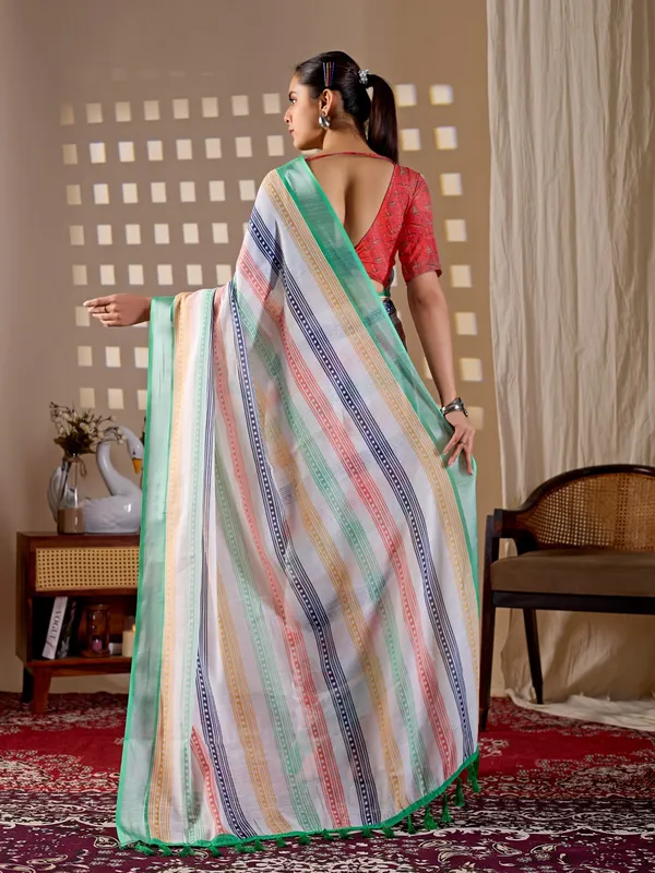 Elegant_Soft_Linen_Cotton_Saree_with_Multicolor_Stripes_&_Printed_Pallu