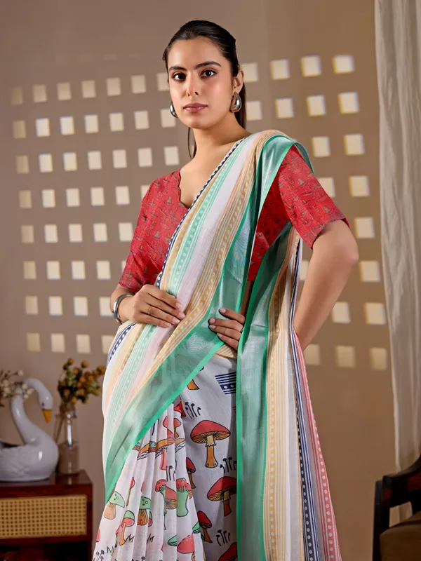 Elegant_Soft_Linen_Cotton_Saree_with_Multicolor_Stripes_&_Printed_Pallu