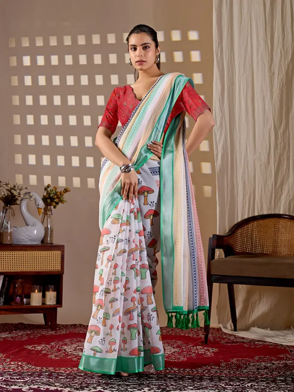 Elegant_Soft_Linen_Cotton_Saree_with_Multicolor_Stripes_&_Printed_Pallu