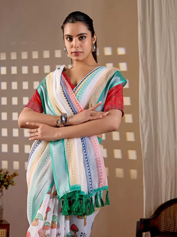 Elegant_Soft_Linen_Cotton_Saree_with_Multicolor_Stripes_&_Printed_Pallu