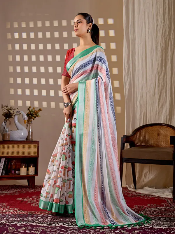 Elegant_Soft_Linen_Cotton_Saree_with_Multicolor_Stripes_&_Printed_Pallu