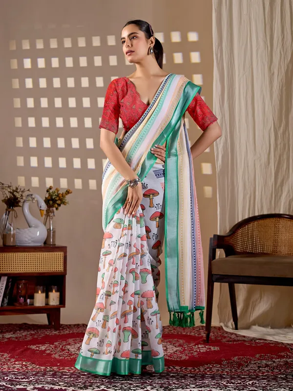 Elegant_Soft_Linen_Cotton_Saree_with_Multicolor_Stripes_&_Printed_Pallu