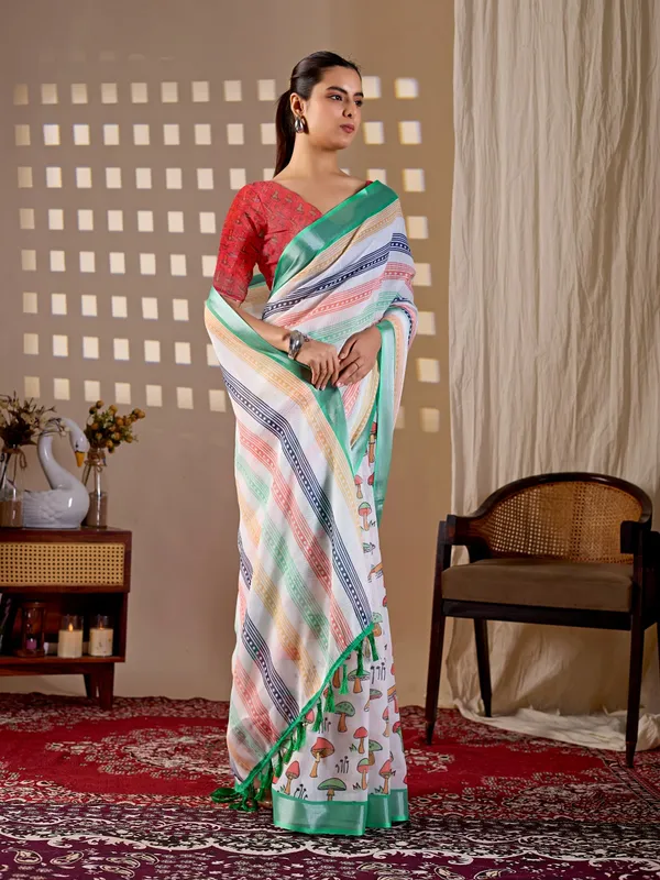 Elegant_Soft_Linen_Cotton_Saree_with_Multicolor_Stripes_&_Printed_Pallu