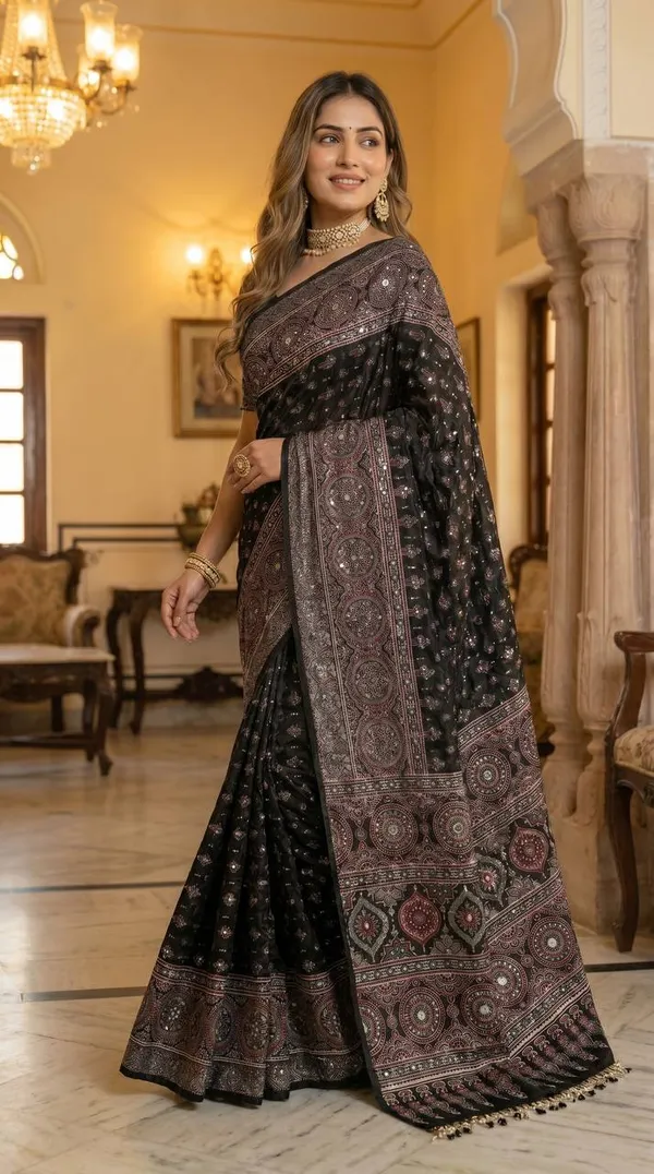Black_Soft_Satin_Ajrakh_Print_Saree_with_Real_Mirror_Work_&_Designer_Tassel_Pallu