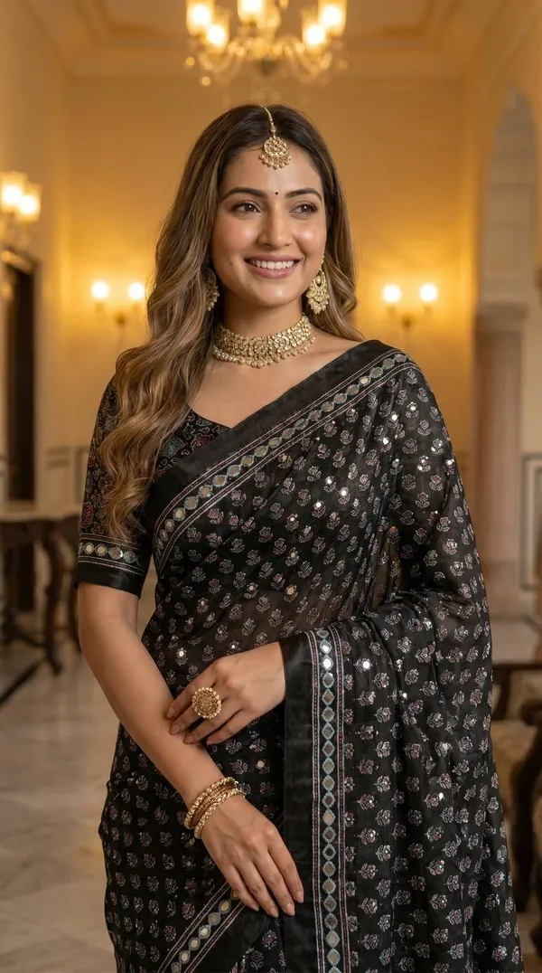 Black_Soft_Satin_Ajrakh_Print_Saree_with_Real_Mirror_Work_&_Designer_Tassel_Pallu