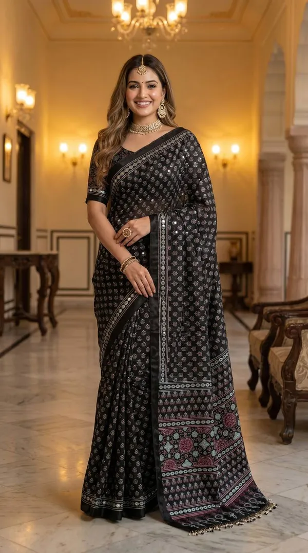 Black_Soft_Satin_Ajrakh_Print_Saree_with_Real_Mirror_Work_&_Designer_Tassel_Pallu
