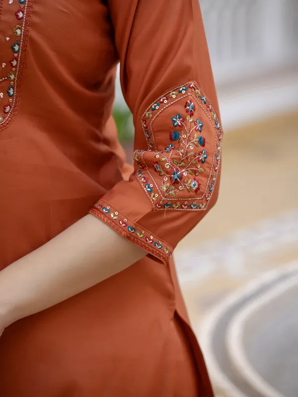 Rust_Orange_Viscose_Embroidered_Kurta_Pant_Set_For_Women