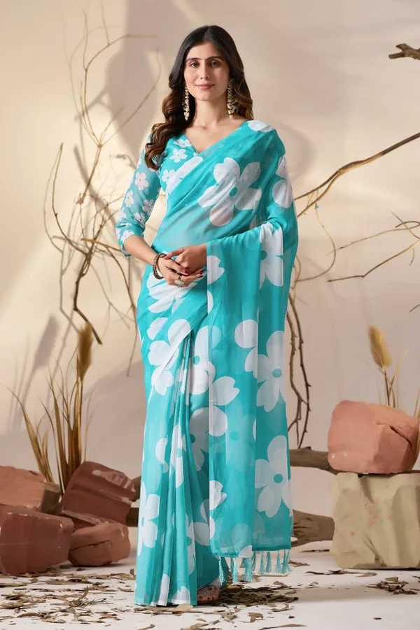 Aqua_Blue_Oversized_Floral_Digital_Print_Soft_Georgette_Saree_with_Matching_Blouse