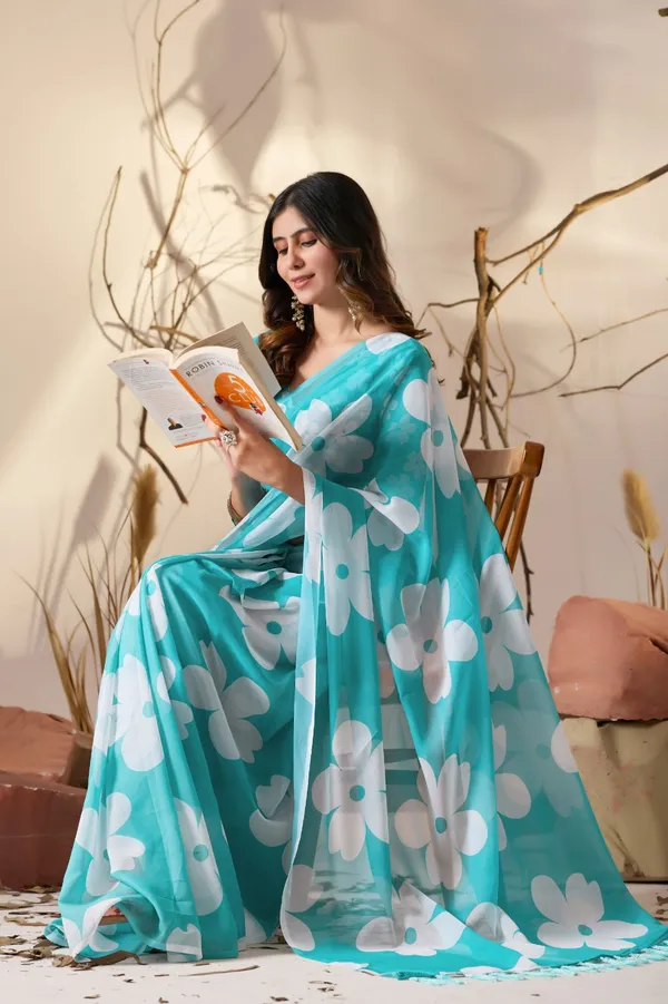 Aqua_Blue_Oversized_Floral_Digital_Print_Soft_Georgette_Saree_with_Matching_Blouse
