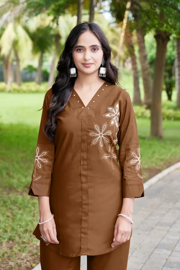 Dark_Brown_Rayon_Floral_Embroidered_Co-Ord_Set_For_Women