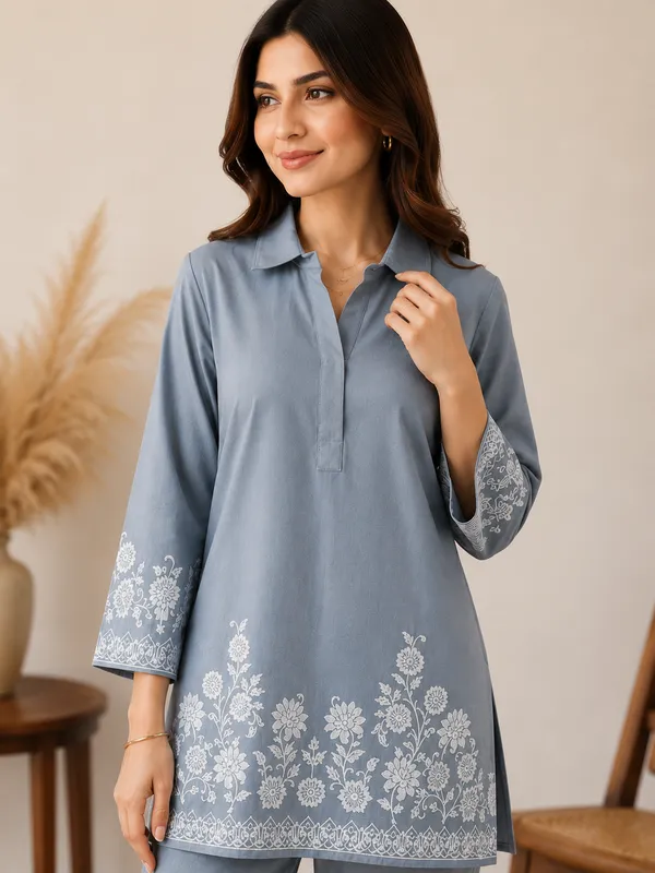 Smoky_Blue_Cotton_Jacquard_Co-Ord_Set_for_Women_|_Premium_Short_Kurti_with_Pant