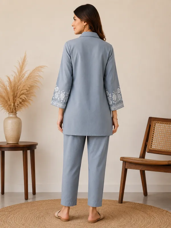Smoky_Blue_Cotton_Jacquard_Co-Ord_Set_for_Women_|_Premium_Short_Kurti_with_Pant