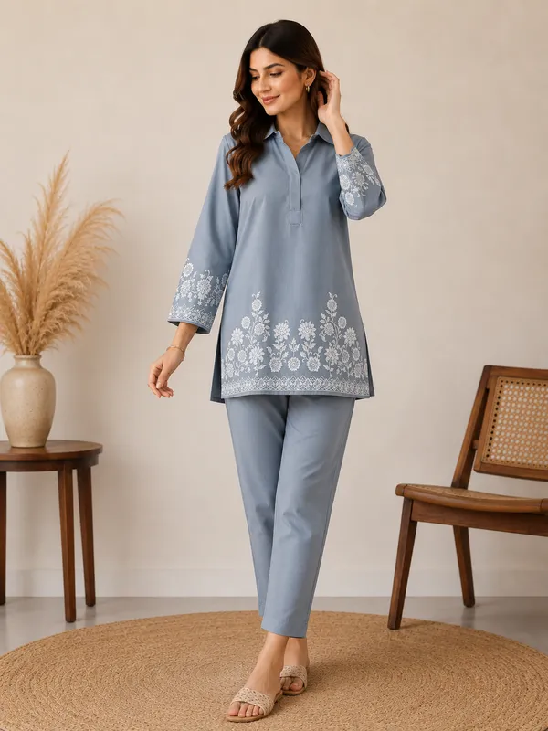 Smoky_Blue_Cotton_Jacquard_Co-Ord_Set_for_Women_|_Premium_Short_Kurti_with_Pant