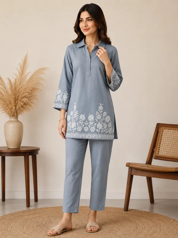 Smoky_Blue_Cotton_Jacquard_Co-Ord_Set_for_Women_|_Premium_Short_Kurti_with_Pant
