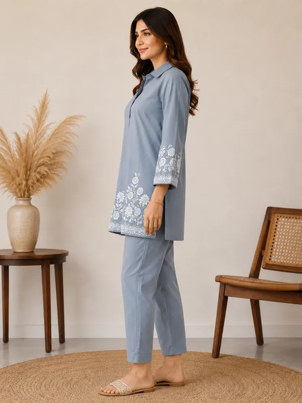 Smoky_Blue_Cotton_Jacquard_Co-Ord_Set_for_Women_|_Premium_Short_Kurti_with_Pant