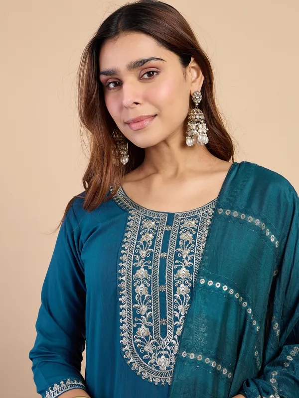 Teal_Elegant_Embroidered_Kurta_Pant_Set_with_Silk_Dupatta_|_Women's_Ethnic_Wear