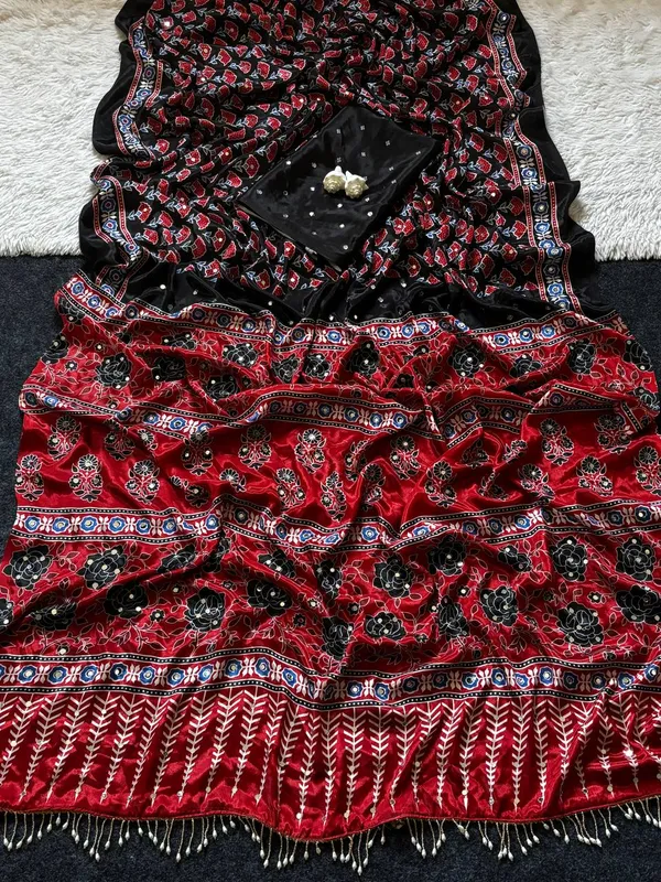 Soft_Satin_Ajrakh_Print_Soft_Silk_Saree_with_Mirror_Work_&_Designer_Border