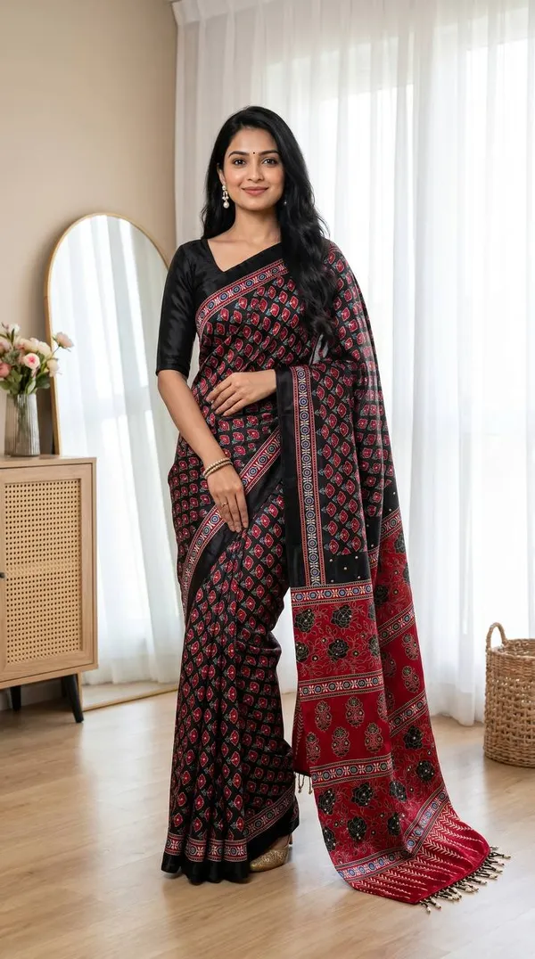 Soft_Satin_Ajrakh_Print_Soft_Silk_Saree_with_Mirror_Work_&_Designer_Border