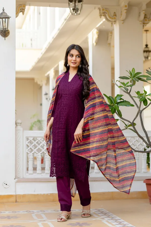 Maroon_Roman_Silk_Chikankari_Kurti_Pant_Set_with_Kota_Dupatta_|_Festive_Ethnic_Wear_for_Women