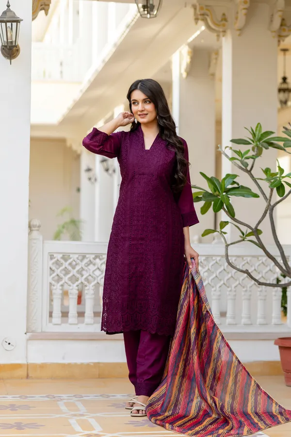 Maroon_Roman_Silk_Chikankari_Kurti_Pant_Set_with_Kota_Dupatta_|_Festive_Ethnic_Wear_for_Women