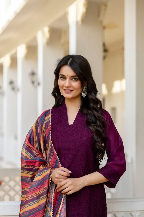 Maroon_Roman_Silk_Chikankari_Kurti_Pant_Set_with_Kota_Dupatta_|_Festive_Ethnic_Wear_for_Women