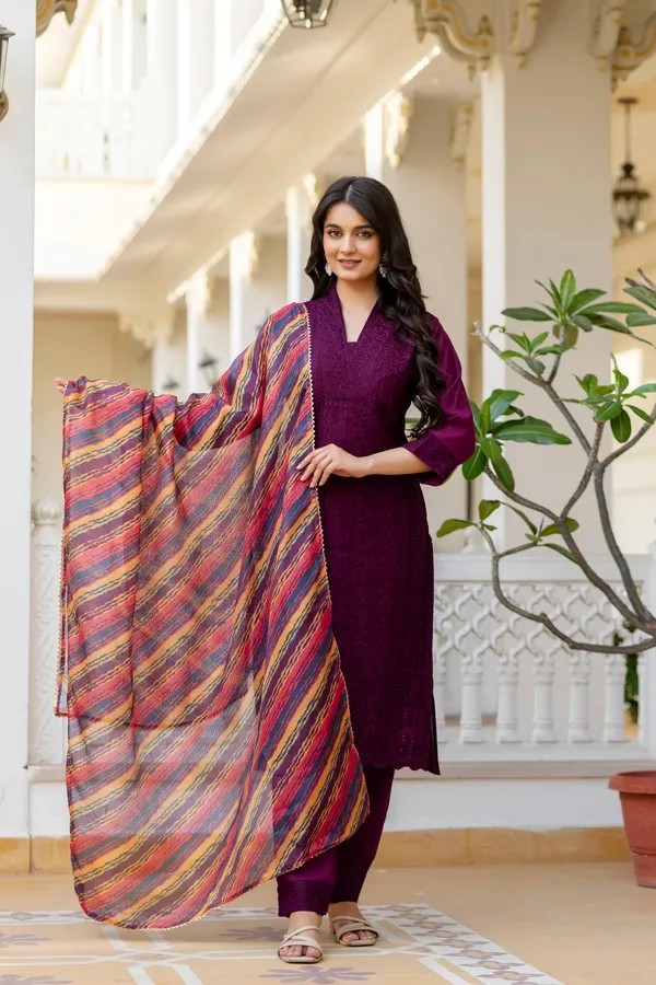 Maroon_Roman_Silk_Chikankari_Kurti_Pant_Set_with_Kota_Dupatta_|_Festive_Ethnic_Wear_for_Women