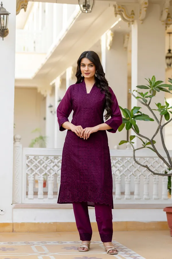 Maroon_Roman_Silk_Chikankari_Kurti_Pant_Set_with_Kota_Dupatta_|_Festive_Ethnic_Wear_for_Women
