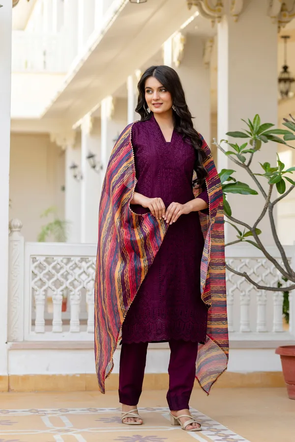 Maroon_Roman_Silk_Chikankari_Kurti_Pant_Set_with_Kota_Dupatta_|_Festive_Ethnic_Wear_for_Women