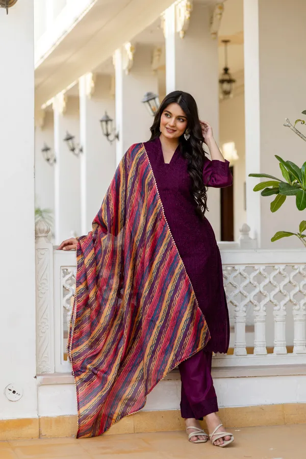 Maroon_Roman_Silk_Chikankari_Kurti_Pant_Set_with_Kota_Dupatta_|_Festive_Ethnic_Wear_for_Women