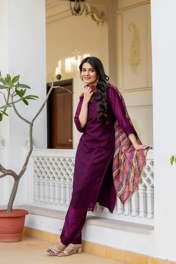 Maroon_Roman_Silk_Chikankari_Kurti_Pant_Set_with_Kota_Dupatta_|_Festive_Ethnic_Wear_for_Women