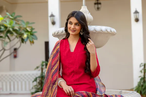 Red_Roman_Silk_Chikankari_Kurti_Pant_Set_with_Kota_Dupatta_|_Festive_Ethnic_Wear_for_Women