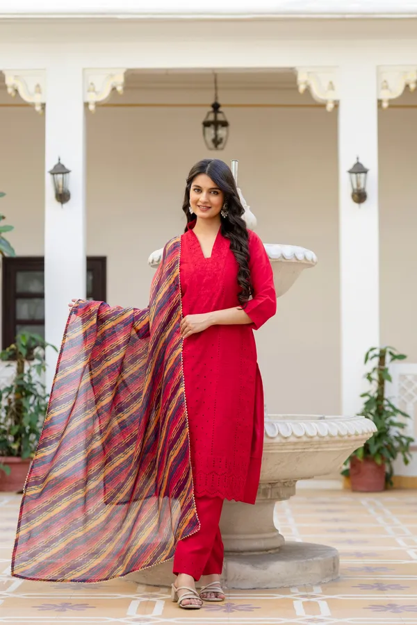 Red_Roman_Silk_Chikankari_Kurti_Pant_Set_with_Kota_Dupatta_|_Festive_Ethnic_Wear_for_Women