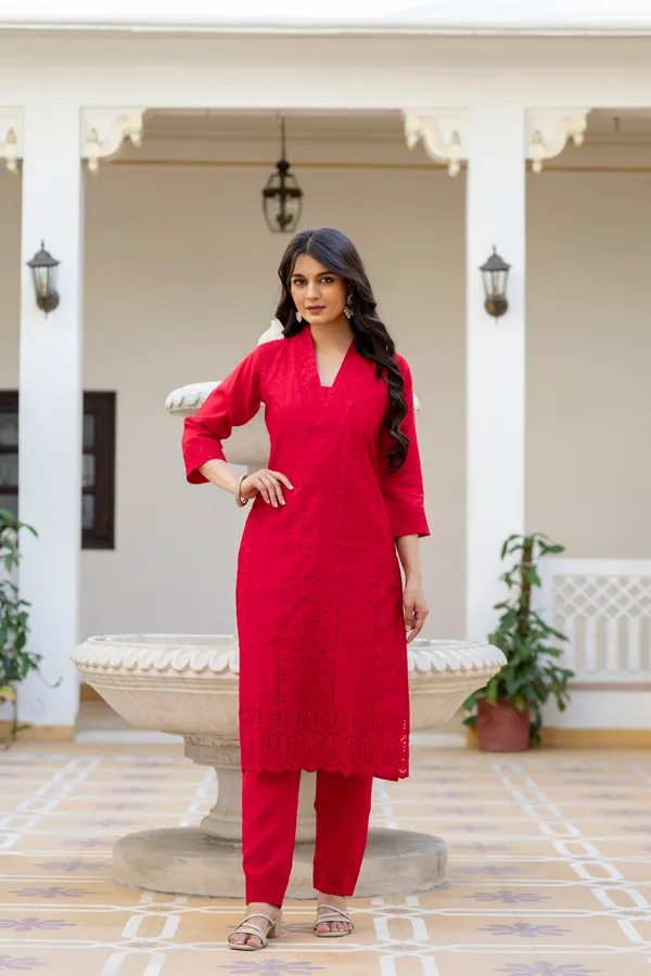 Red_Roman_Silk_Chikankari_Kurti_Pant_Set_with_Kota_Dupatta_|_Festive_Ethnic_Wear_for_Women