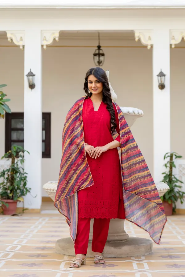 Red_Roman_Silk_Chikankari_Kurti_Pant_Set_with_Kota_Dupatta_|_Festive_Ethnic_Wear_for_Women