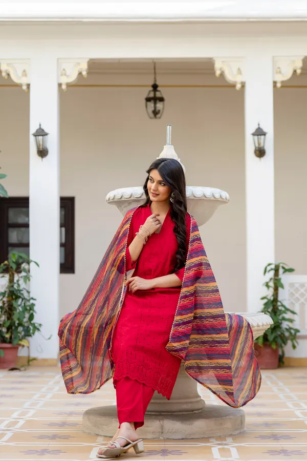 Red_Roman_Silk_Chikankari_Kurti_Pant_Set_with_Kota_Dupatta_|_Festive_Ethnic_Wear_for_Women