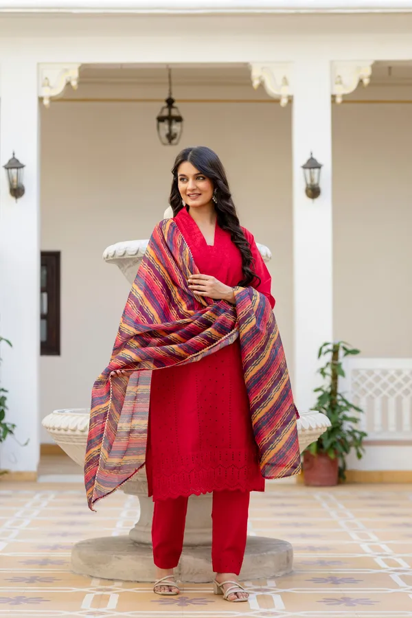 Red_Roman_Silk_Chikankari_Kurti_Pant_Set_with_Kota_Dupatta_|_Festive_Ethnic_Wear_for_Women
