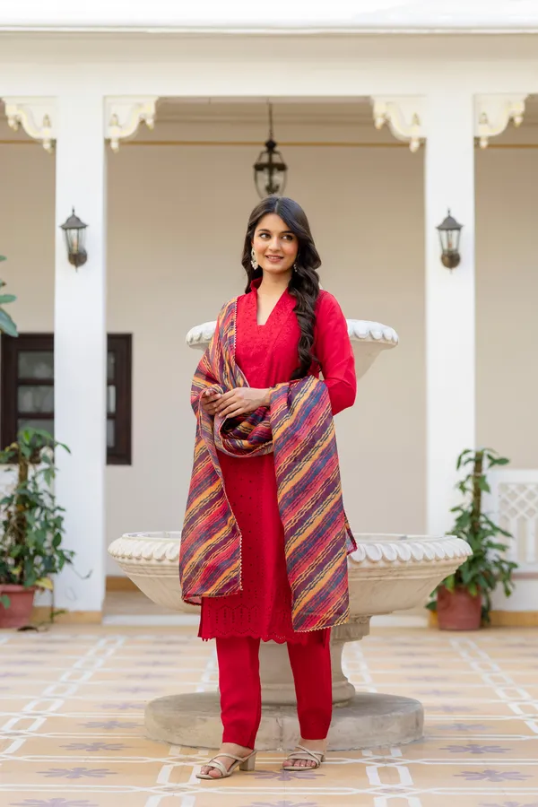 Red_Roman_Silk_Chikankari_Kurti_Pant_Set_with_Kota_Dupatta_|_Festive_Ethnic_Wear_for_Women