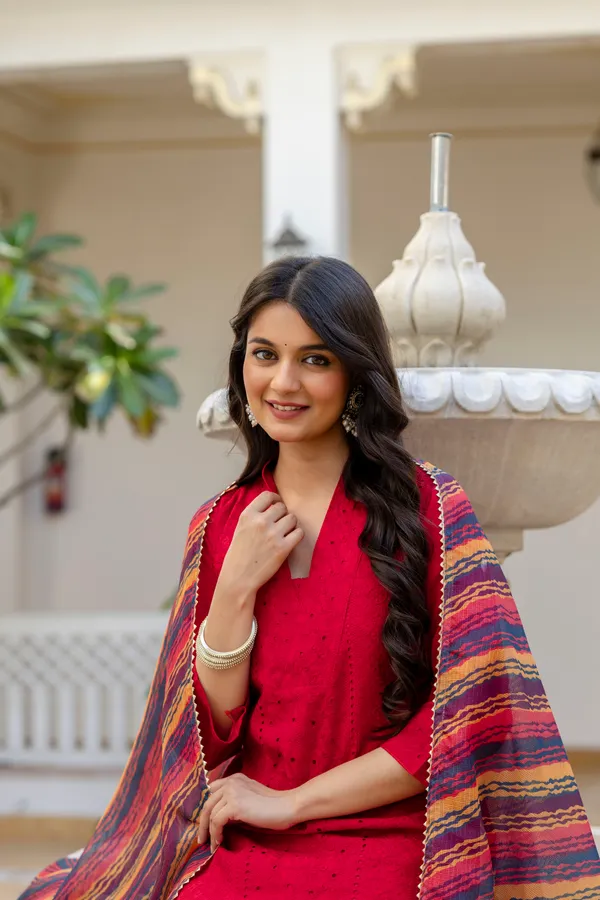 Red_Roman_Silk_Chikankari_Kurti_Pant_Set_with_Kota_Dupatta_|_Festive_Ethnic_Wear_for_Women