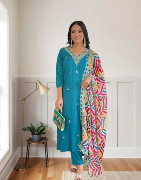 Peacock_Blue_Chanderi_Embroidered_Kurta_Set_with_Dupatta_|_Ethnic_Wear_for_Women