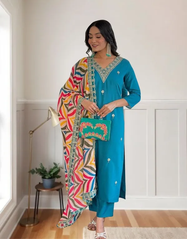 Peacock_Blue_Chanderi_Embroidered_Kurta_Set_with_Dupatta_|_Ethnic_Wear_for_Women
